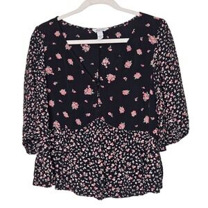 Arizona Jean Floral Print Blouse Top Medium 3/4 Sleeve Peasant‎ Black Pink Crop
